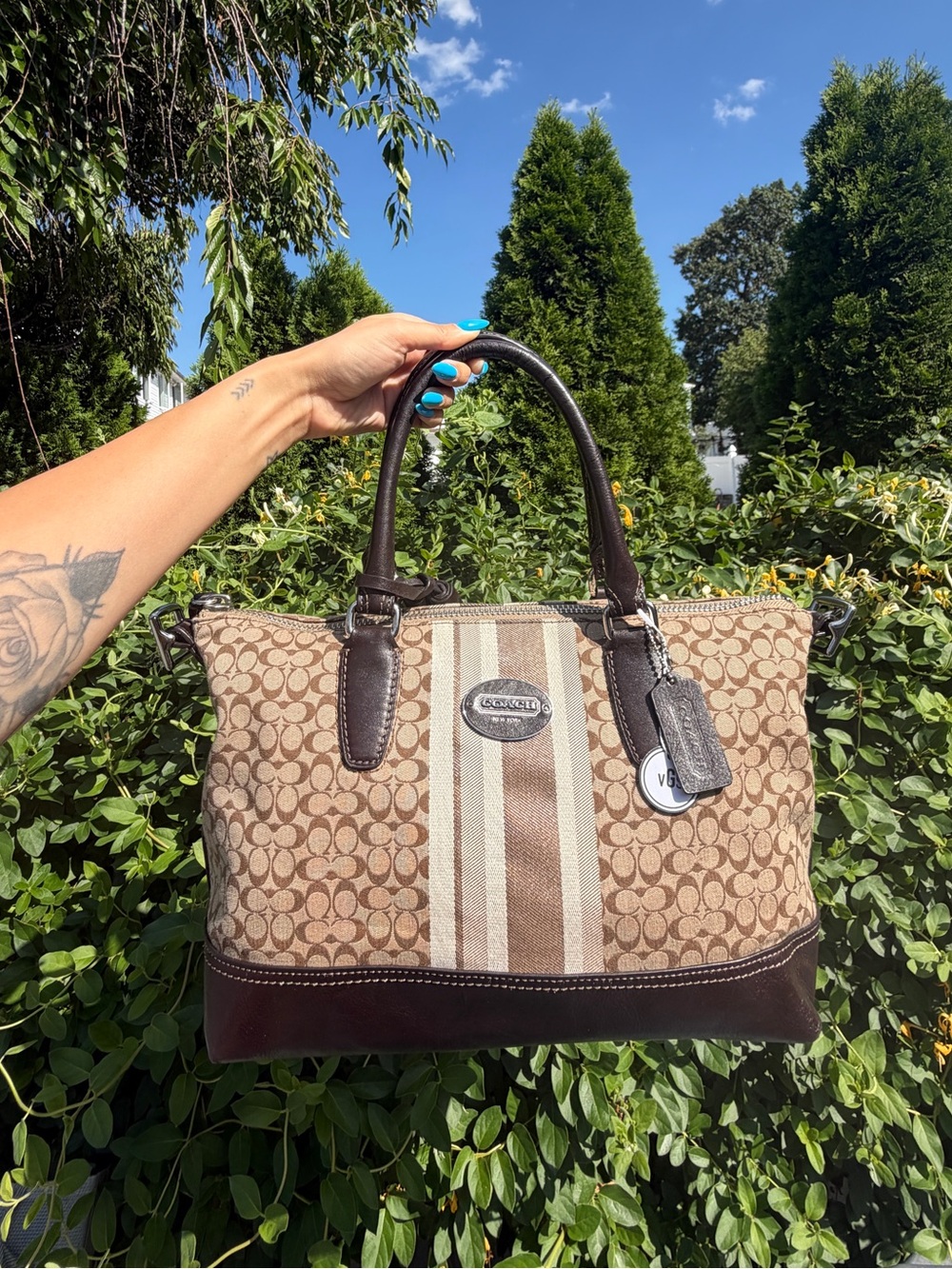 Vintage Coach Legacy Signature Stripe East West Satchel Brown Y2K Shoulder Bag